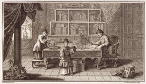 Een Chinese kalligrafiewinkel, uit een verslag van de Nederlandse ambassade in China, gegraveerd door A. Maisonneuve, ca. 1670s door Antoine Humblot