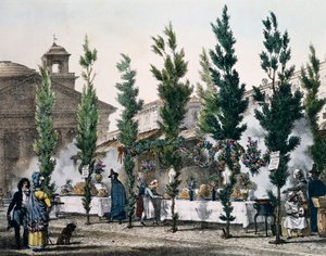 Voedselverkopers bij het Pantheon tijdens het feest van St. Joseph, gravure door Antoine Jean-Baptiste Thomas (1791-1834) uit Un an a Rome et dans ses environs, Frankrijk door Antoine Jean Baptiste Thomas