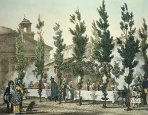 Straatvoedselverkopers bij het Pantheon, prent door Antoine Jean Baptiste Thomas