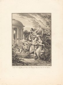 Frontispice: Met de hulp van wijsheid ontsnapt men aan de liefde in de armen van de rede door Antoine Jean Duclos after Jean Michel Moreau