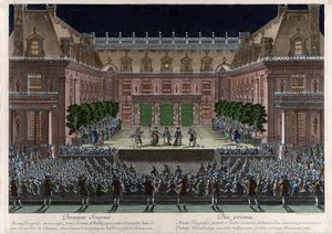 Voorstelling, in de marmeren binnenplaats van het kasteel van Versailles, van 