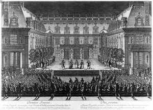Voorstelling, in de marmeren binnenplaats van het kasteel van Versailles, van "Alceste" door Jean Baptiste Lully (Giovanni Battista Lulli) (1632-1687) voor de vieringen ter gelegenheid van de herleving van de Franche Comté (1674). Gravure door Le Pautre