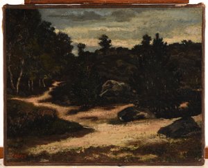 Frans: Chemin sableux en forêt de Fontainebleau door Antoine Louis Barye