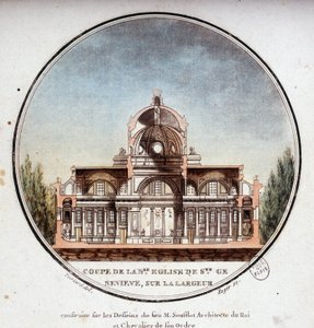 Doorsnede van de nieuwe kerk van Sainte Geneviève, gebouwd volgens de tekeningen van de architect Soufflot, Parijs. In pittoreske uitzichten van de belangrijkste gebouwen van Parijs door Sergeant