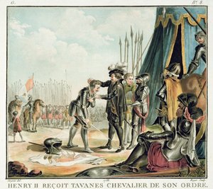 Henri II (1519-59) ontvangt Jean de Tavanes als ridder in zijn Orde, gegraveerd door Roger, 1788
