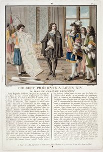 Jean Baptiste Colbert (1619-83) presenteert de kaart van het Canal du Languedoc aan Lodewijk XIV, gegraveerd door Jean Baptiste Morret, 1788