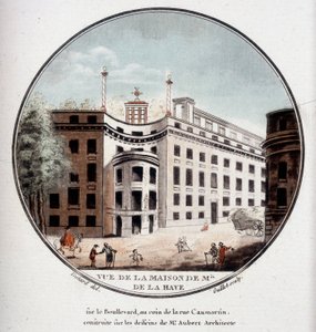 Gezicht op het huis van Monsieur de La Haye op de hoek van Rue Caumartin, Parijs, gebouwd volgens tekeningen van architect Aubert. In pittoreske uitzichten van de belangrijkste gebouwen van Parijs door Sergeant