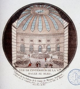 Zicht op het interieur van de nieuwe markthal gebouwd door Le Camus de Mézières tussen 1763 en 1766, tegenwoordig de beurs in Parijs. In schilderachtige uitzichten van de belangrijkste gebouwen van Parijs door Sergeant door Antoine Louis Francois Sergent Marceau