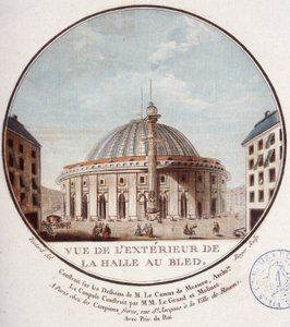 Zicht op de buitenkant van de graanmarkt, Parijs gebouwd door Le Camus de Mézières tussen 1763 en 1766, tegenwoordig de beurs in Parijs. In schilderachtige uitzichten van de belangrijkste gebouwen van Parijs door Sergeant