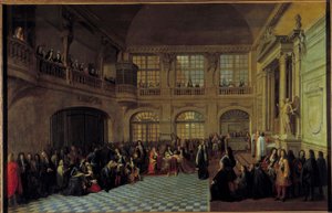 Koning Lodewijk XIV ontvangt de eed van de markies de Dangeau in de kapel van het kasteel van Versailles door Antoine Pezey