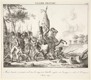 Menier (Huzaren) werpt zich alleen in de linie van een Engels bataljon, doodt de vaandrig en neemt de vlag (Druten, 1795)