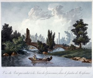 Brug naar de Tour du Gouverneur in het Parc Monceau, gegraveerd door Chapuy door Antoine Pierre after Mongin