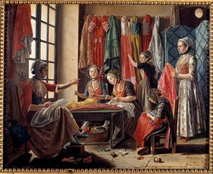 Een naaiatelier in Arles in 1760 door Antoine Raspal
