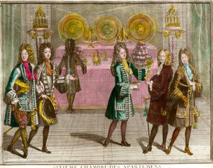 Buffetstandaards voor snacks in de zesde slaapkamer van de appartementen van de familie van Lodewijk XIV (1638-1715) tijdens de avonden van het appartement in Versailles rond 1696