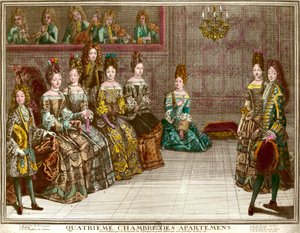 Dans in de vierde kamer van de appartementen van de familie van Lodewijk XIV (1638-1715) tijdens de avonden van het appartement in Versailles rond 1696: de hertog van Chartres danst de menuet met Mademoiselle in aanwezigheid van de hertogin van Maine, de h