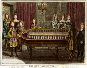 Philippe van Frankrijk, Hertog van Anjou, later Koning van Spanje (1683-1746), Charles, Hertog van Berry (1686-1714) en Prins van Wales die portiek spelen in het eerste appartement van Lodewijk XIV in Versailles - Gravure door Antoine Trouvain (1656-1708)