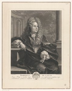 Portret van Robert de Cotte, leunend op een boek in klassieke architectuur