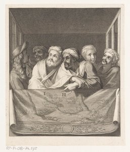 Vijf mannen met tulband en een met hoed in een loge achter een balustrade
