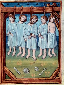 Vijf mannen opgehangen. Miniatuur in "chronicles de Saint Denis" Parijs, Antoine Verard