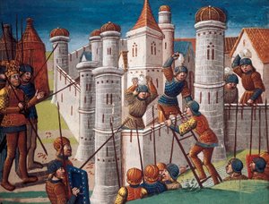 Belegering van een stad, miniatuur uit het manuscript "De roman van Ogier de Deen"