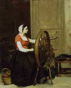 Vrouw en spinnewiel, c.1860? door Antoine Vollon