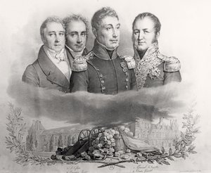 De Voorlopige Regering van 29 juli 1830. V.l.n.r.: Jacques Lafitte (1767-1844), Casimir Perier (1777-1832), generaal Lafayette (1757-1834) en graaf Etienne Maurice Gerard (1773-1852), 1831 door Antoine Maurin