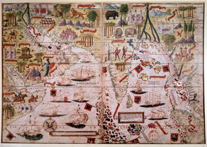 De Indische Portugese nautische atlas. Pagina van het Atlas Miller-manuscript gemaakt in 1519 door Pierre en Georges Reinel, Lopo Homem (cartografen) en Antoine de Hollande (miniaturist). 16e eeuw. Parijs, B N.