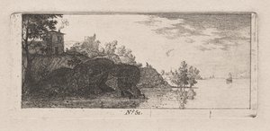 Huisje op een rotsachtige kaap langs een rivier door Antoine de Marcenay de Ghuy