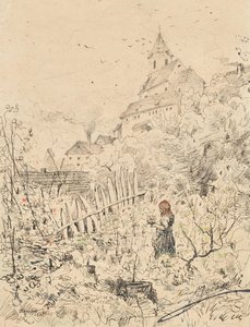 Boerenmeisje in tuin, achter haar kerk en dorp