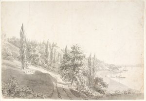 Landschap met stad aan de Elbe door Anton Carl Dusch