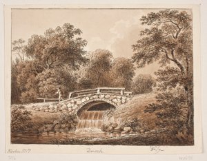 Bospartij met brug over beek door Anton Carl Dusch