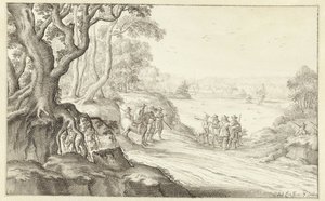 Jagers in een heuvelachtig landschap