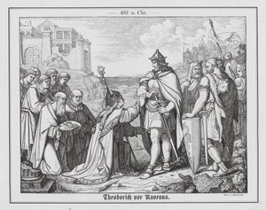 Theodorik de Grote voor Ravenna, 493 (gravure) door Anton Dietrich