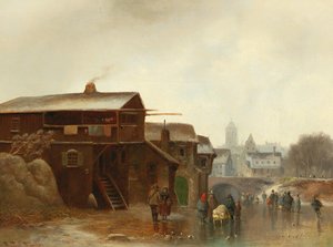 Winteramusement met een stad op de achtergrond door Anton Doll