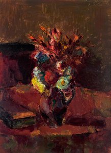 Boeket bloemen met rood tafelkleed