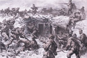 De nederlaag van het Moskouse Grenadierskorps door Silezische, Pruisische en Keizerlijke Duitse troepen, uit De Geïllustreerde Geschiedenis van de Wereldoorlog 1914-1915 pub. door Union Berlagsefellfchaft door Anton Hoffman
