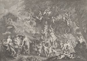 Het feest van Venus, met groepen saters, nimfen en putti die rond een standbeeld van Venus dansen, 1732 door Anton Joseph von Prenner