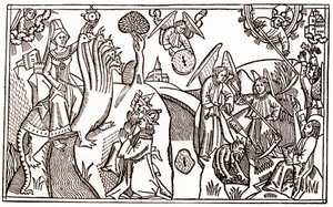 De grote hoer van Babylon rijdend op het zevenkoppige beest en de engelen die tarwe snijden terwijl ze de duivel gevangen houden door Anton Koberger