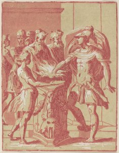 Mucius Scaevola steekt zijn hand in het vuur