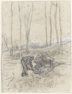 Boer aan het werk met een kruiwagen in het bos