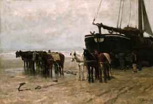 Dutch: Bomschuit met sleeppaarden op het strand van Scheveningen Fishing Boat with Tow Horses on Scheveningen Beach door Anton Mauve