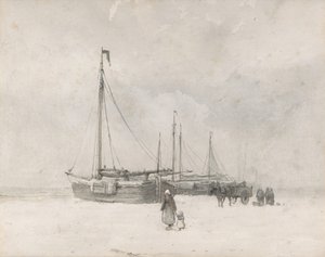 Vissersboten op het strand in de winter, midden tot laat 19e eeuw