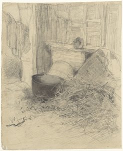 Interieur van een schuur met stro en diverse voorwerpen door Anton Mauve