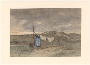 Vrouw bij een waslijn in de duinen