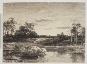 Landschap met een rivier of meer op de voorgrond door Anton Melbye