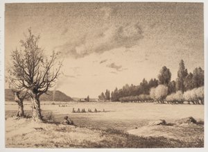 Open landschap met een bos in de verte. Bourgondië door Anton Melbye