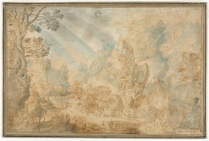 Berglandschap met figuren, eerste helft 1600 door Anton Mirou