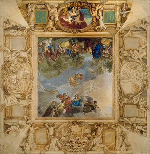 Apollo en Athena belonen talenten en Minerva geflankeerd door kariatiden en medaillons met Mars, Venus, Hercules en Cybele door Anton Raphael Mengs