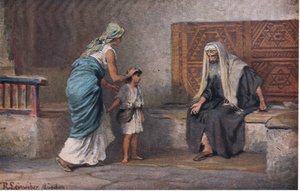Hannah brengt Samuel naar Eli, uit Hulberts Verhaal van de Bijbel uitgegeven door The John Winston Company, 1932 door Anton Robert Leinweber