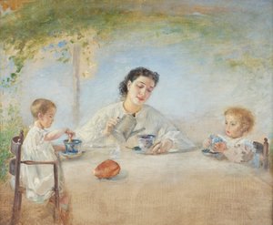 De familie van de kunstenaar bij het ontbijt